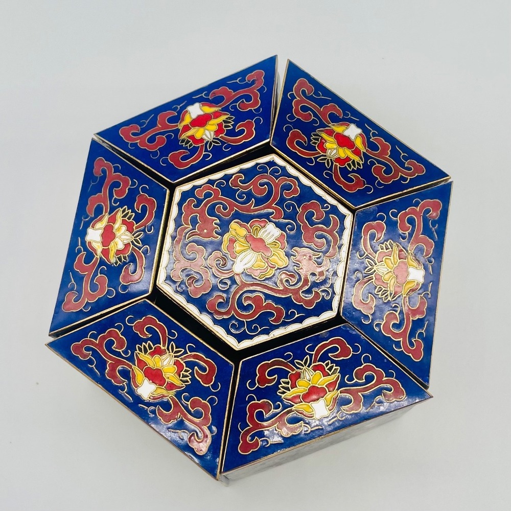 Peking Jewelry Cloisonne Enamel 7-Piece Puzzle Trinket Box Set Blue Floral - Picture 3 of 17